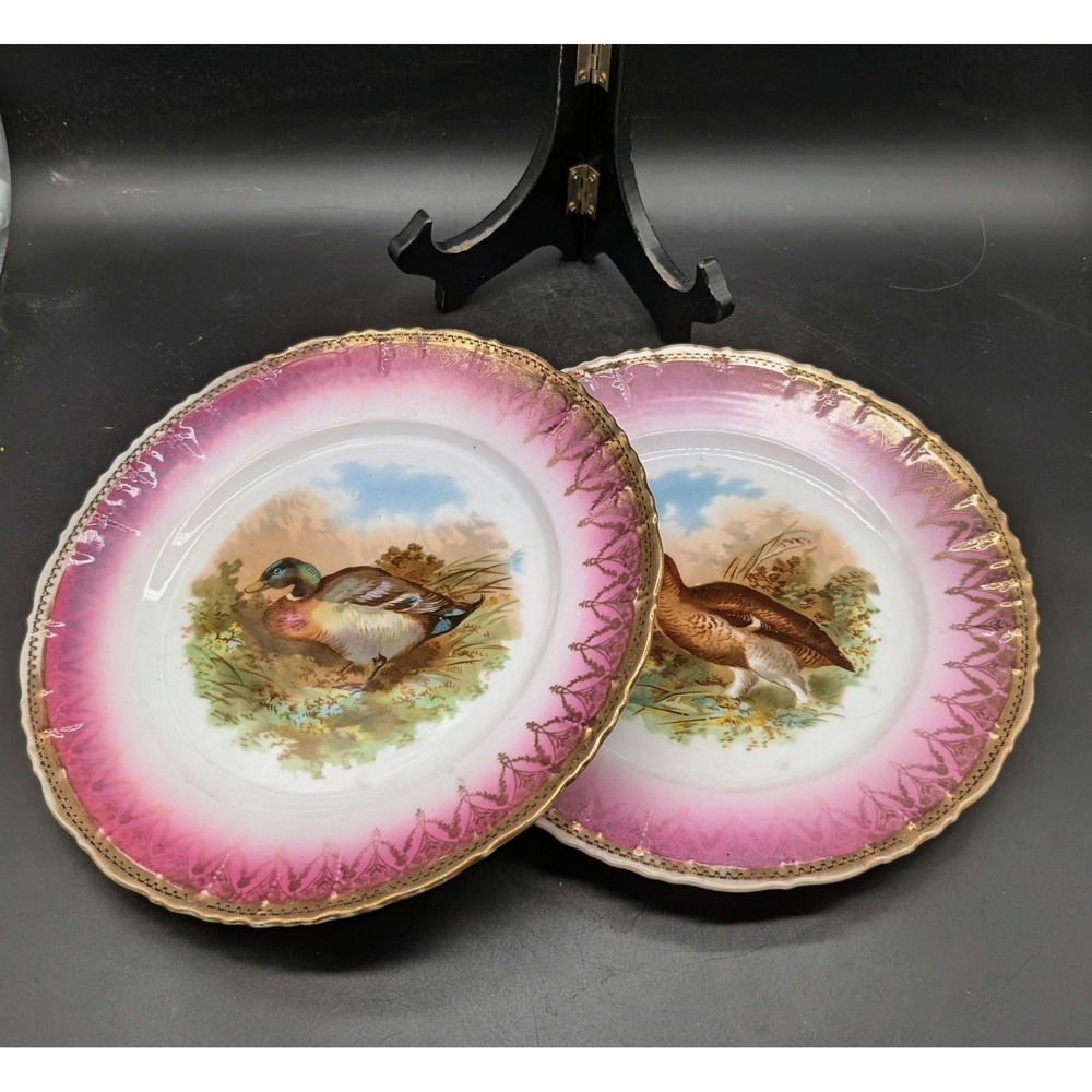 Antique MZ Austria Game Bird Porcelain Cabinet Plates Pink Gold Gilt Set of 2 9"